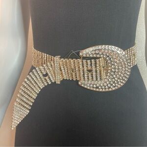 Gold tone metallic waist skinny belt with rhinestones details